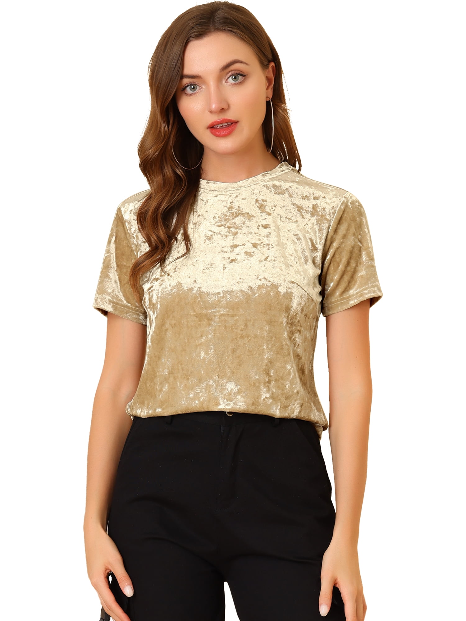 DARING DIVA Women's Velvet Blouse Tops Crew Neck Short Sleeve T-Shirt XL Light Beige