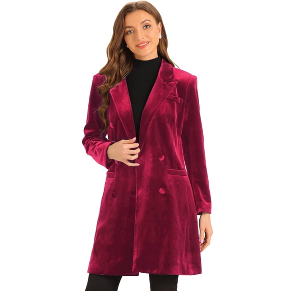 DARING DIVA Women's Velvet Lapel Double-Breasted Long Outerwear Winter Coats S Burgundy