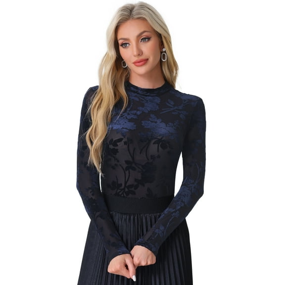 DARING DIVA Women's Velvet Floral Print See Through Mesh Tops L Dark Blue