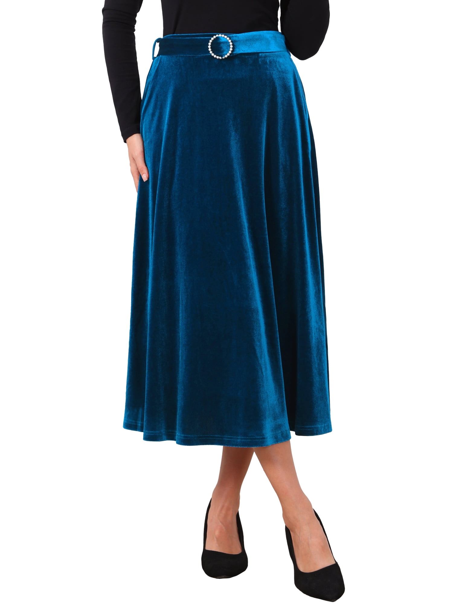 DARING DIVA Women's Velvet Long High Waist Elegant Cocktail Skirt S Blue Green