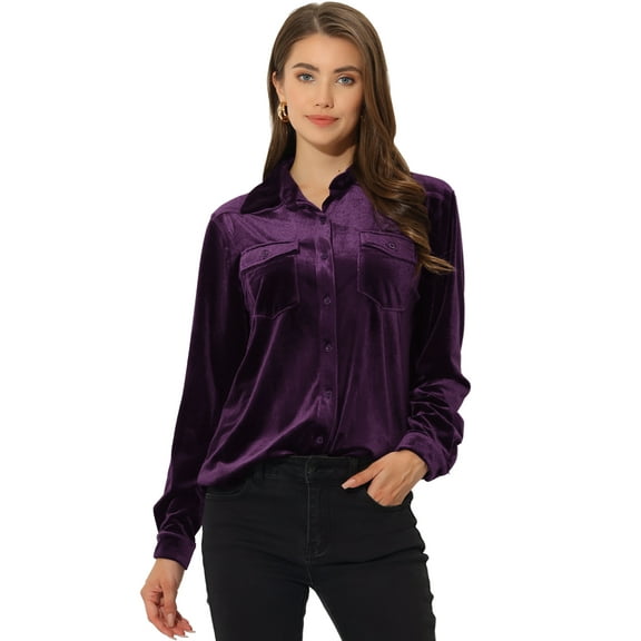 DARING DIVA Women's Velvet Long Sleeve Point Collar Casual Shirts XS