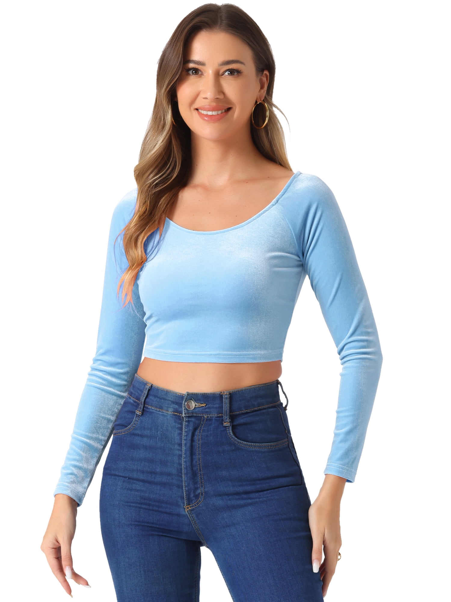 DARING DIVA Women's Velvet Long Sleeve Scoop Neck Solid Crop Top S Light Blue