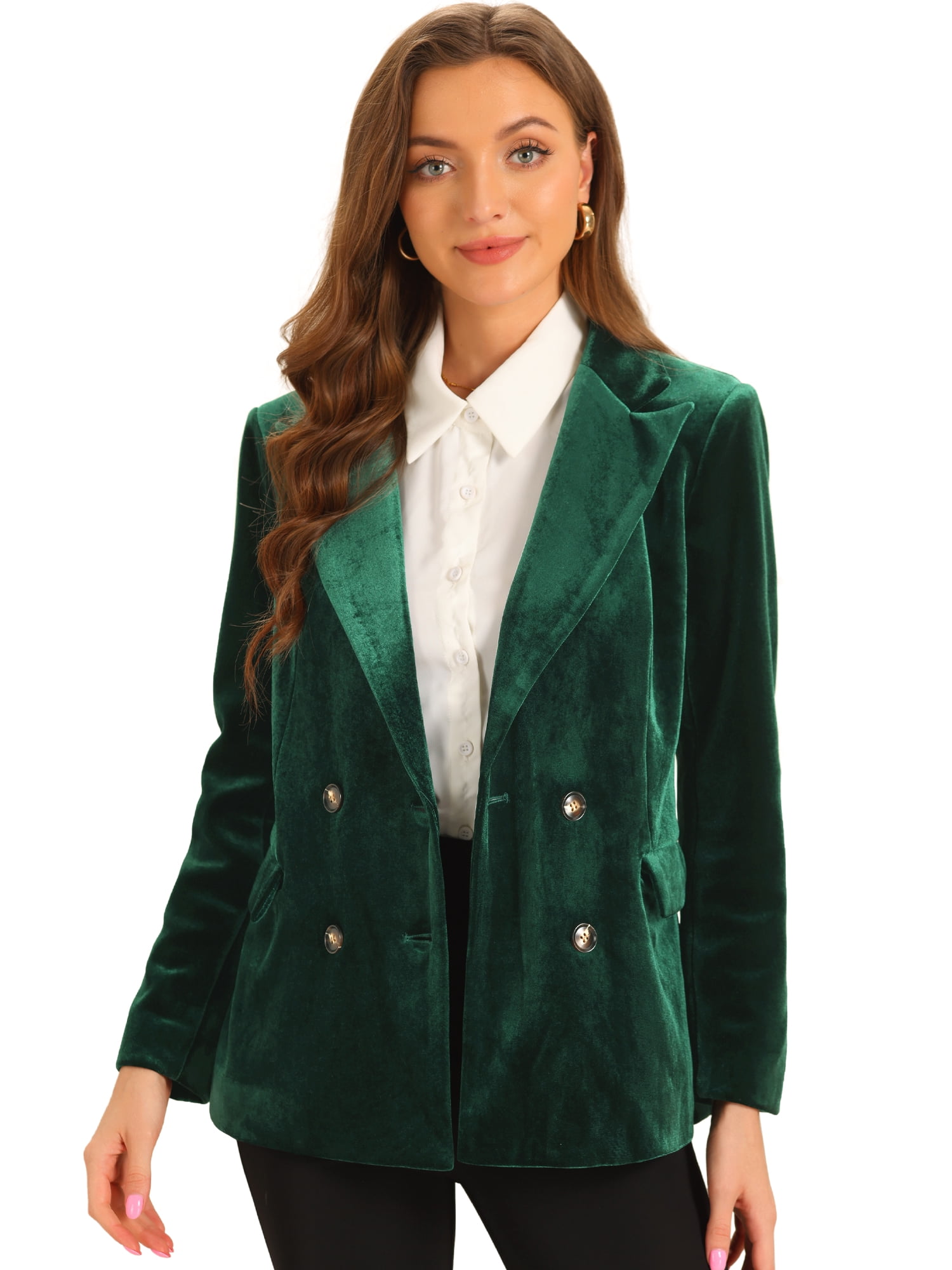 DARING DIVA Women's Velvet Notched Lapel Double Breasted Blazer Jacket L Dark Green