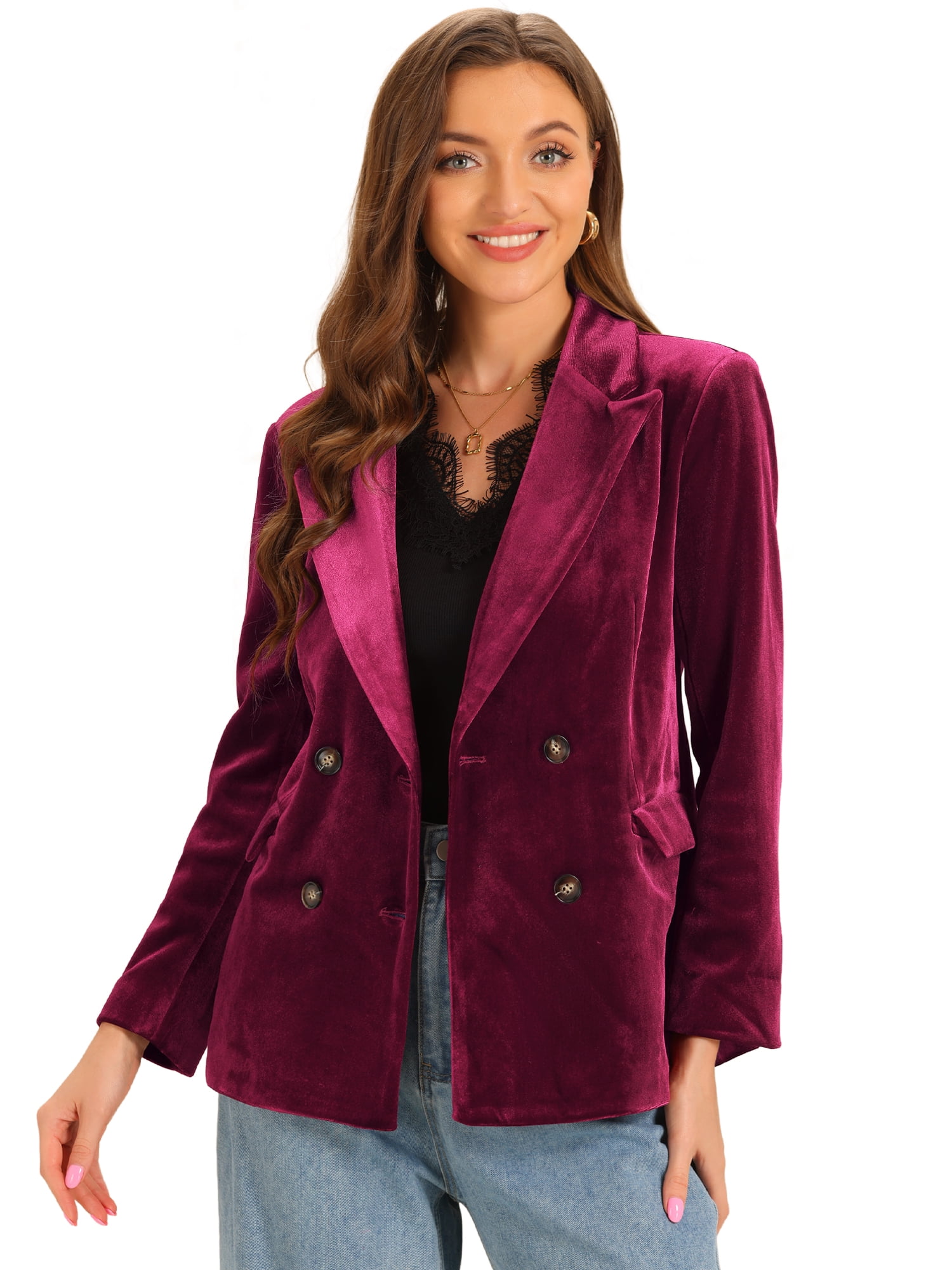 DARING DIVA Women's Velvet Notched Lapel Double Breasted Blazer Jacket XS Dark Red