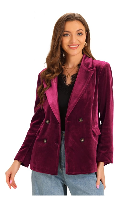 Women's Velvet Notched Lapel Double Breasted Blazer Jacket XS Dark Red