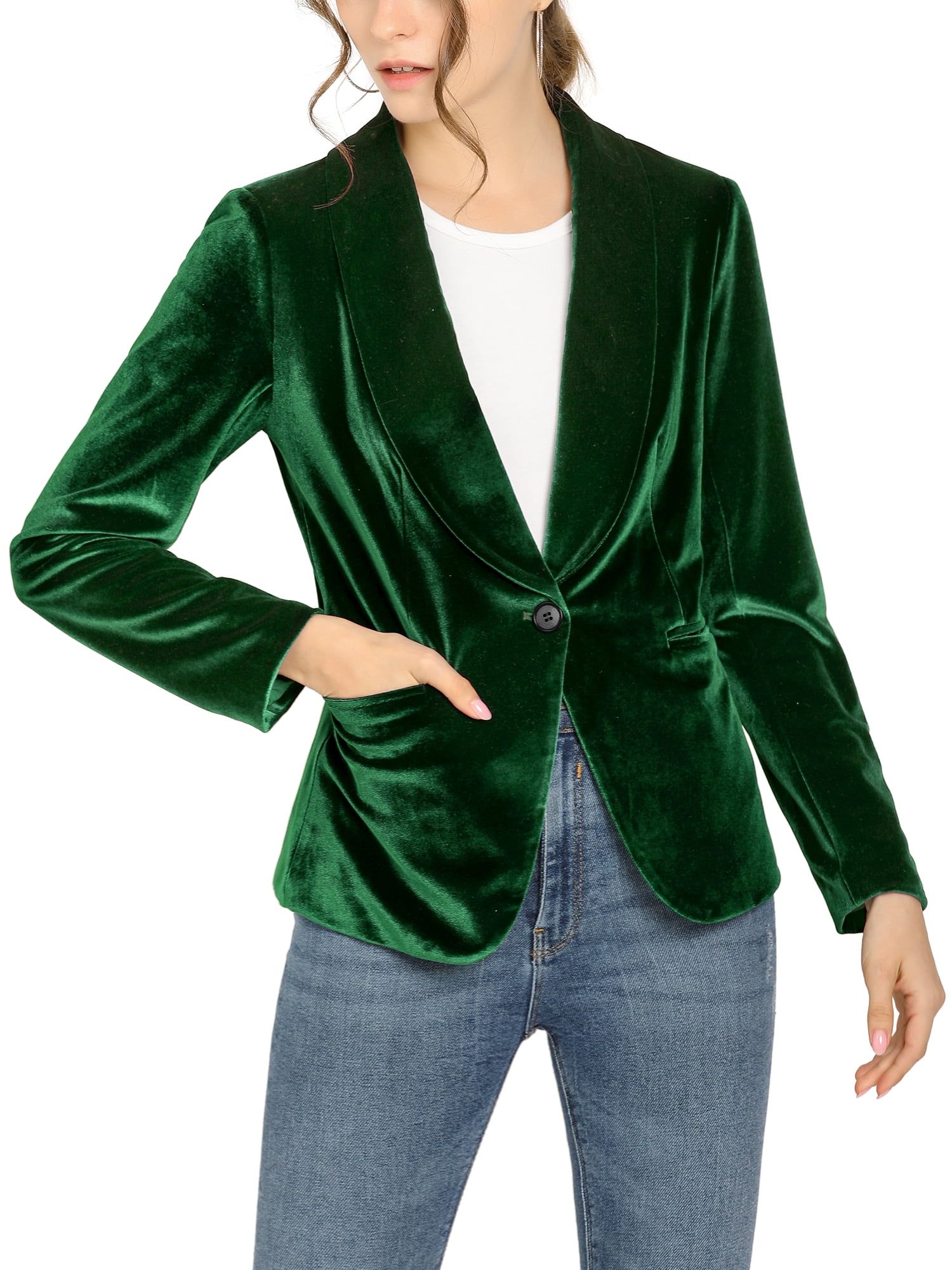 DARING DIVA Women's Velvet Office Coat Solid Shawl Collar Blazer L Green
