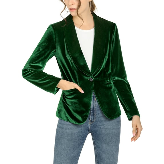 DARING DIVA Women's Velvet Office Coat Solid Shawl Collar Blazer L Green