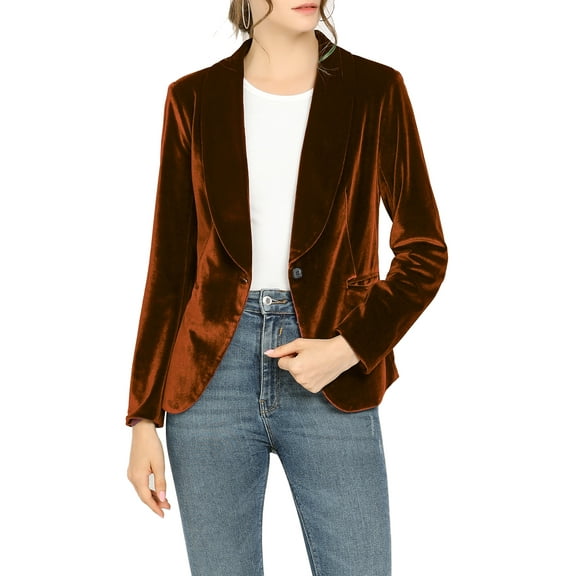 DARING DIVA Women's Velvet Office Coat Solid Shawl Collar Blazer M Brown