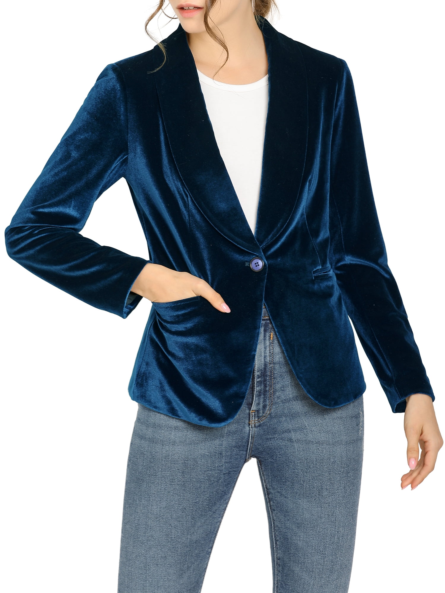 DARING DIVA Women's Velvet Office Coat Solid Shawl Collar Blazer M Deep Blue