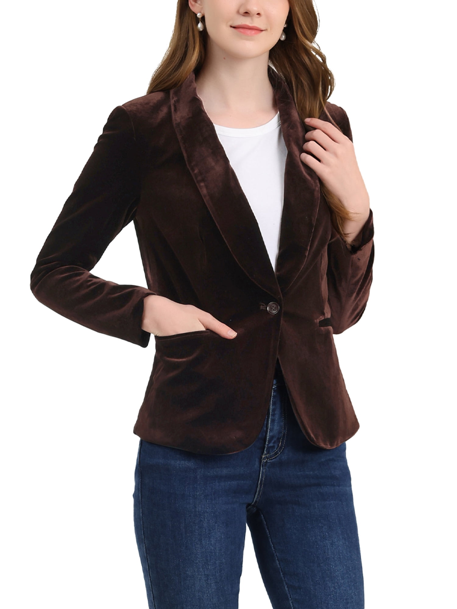 DARING DIVA Women's Velvet Office Coat Solid Shawl Collar Blazer M Deep Brown