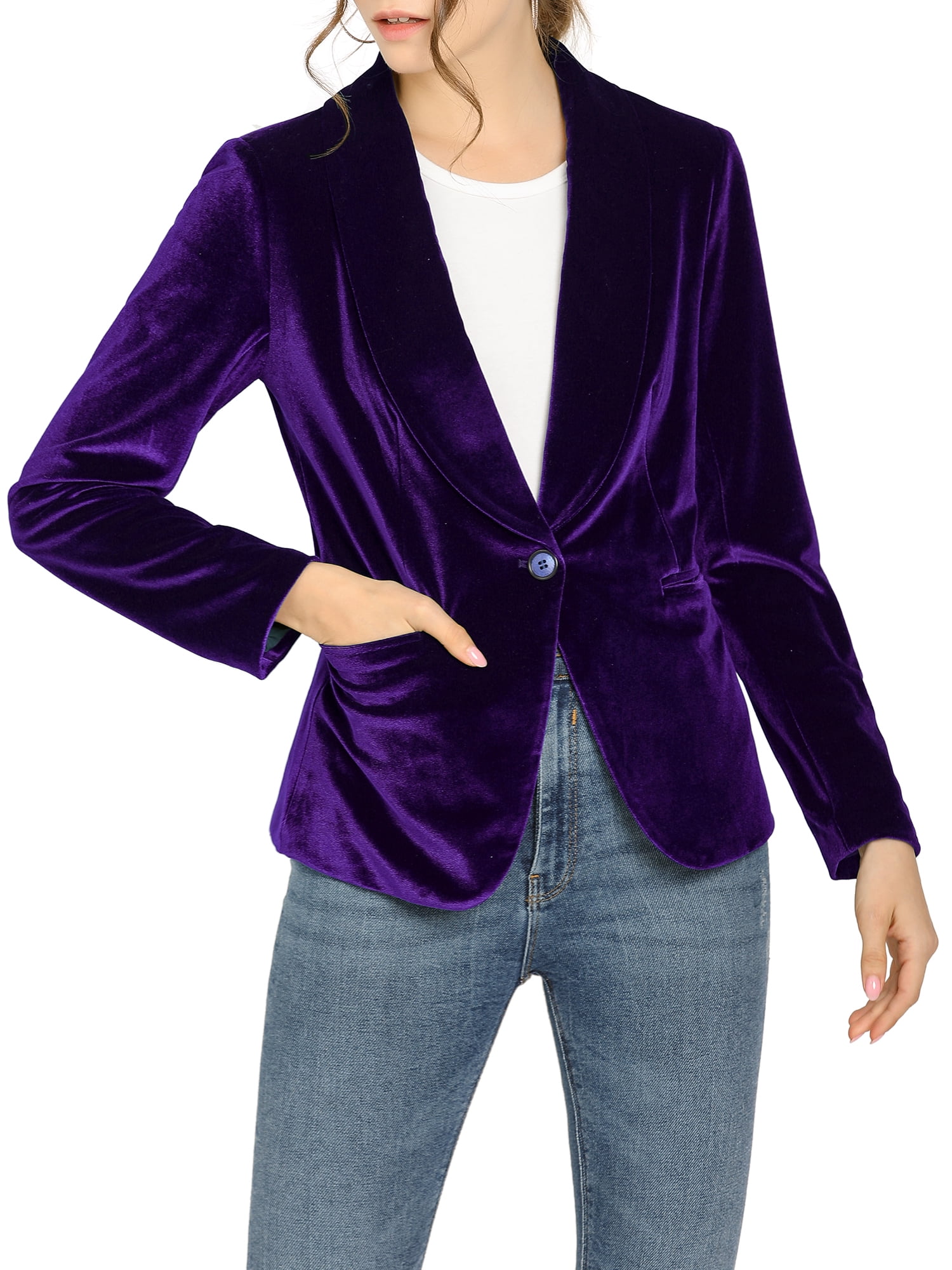 DARING DIVA Women's Velvet Office Coat Solid Shawl Collar Blazer M Deep Purple