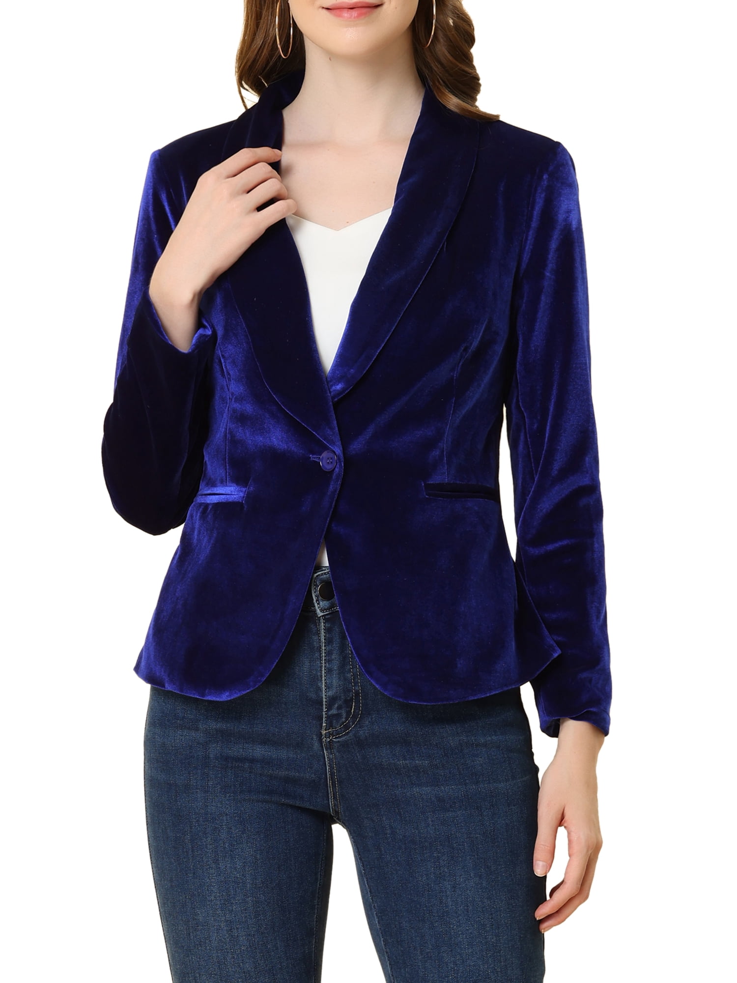 DARING DIVA Women's Velvet Office Coat Solid Shawl Collar Blazer M Royal Blue