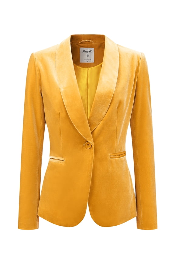 Women's Velvet Office Coat Solid Shawl Collar Blazer M Yellow