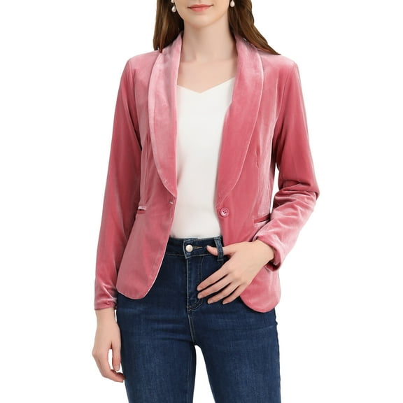 DARING DIVA Women's Velvet Office Coat Solid Shawl Collar Blazer S Pink