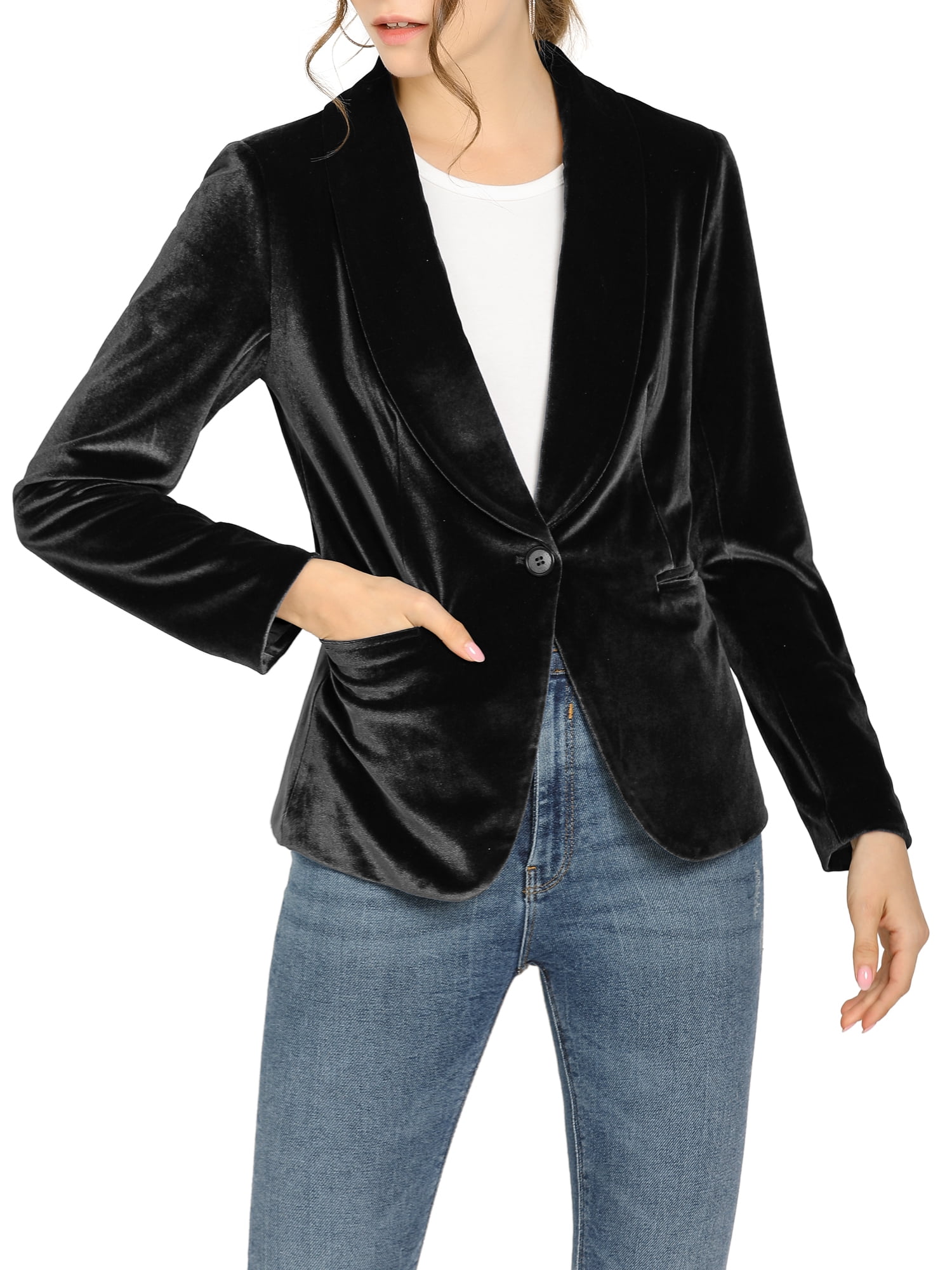 DARING DIVA Women's Velvet Office Coat Solid Shawl Collar Blazer XL Black