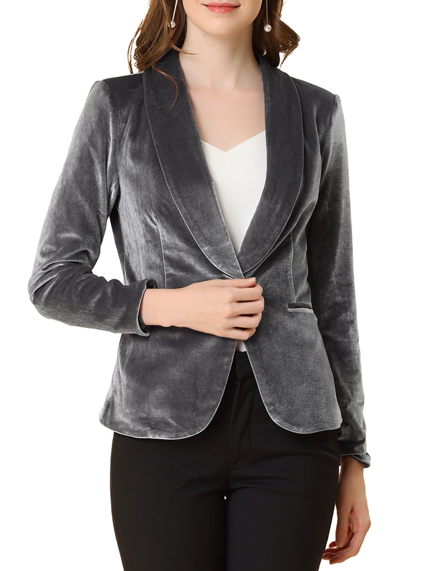 DARING DIVA Women's Velvet Office Coat Solid Shawl Collar Blazer XL Gray