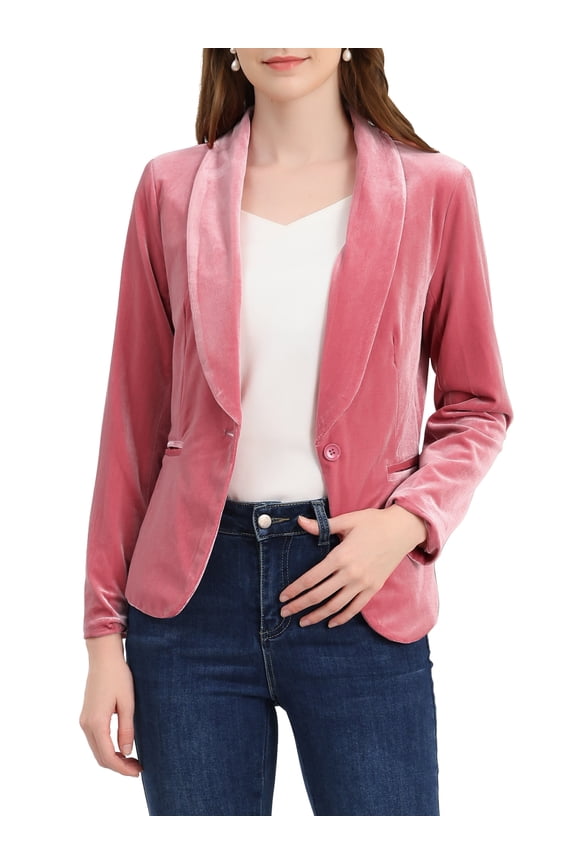 Women's Velvet Office Coat Solid Shawl Collar Blazer XL Pink