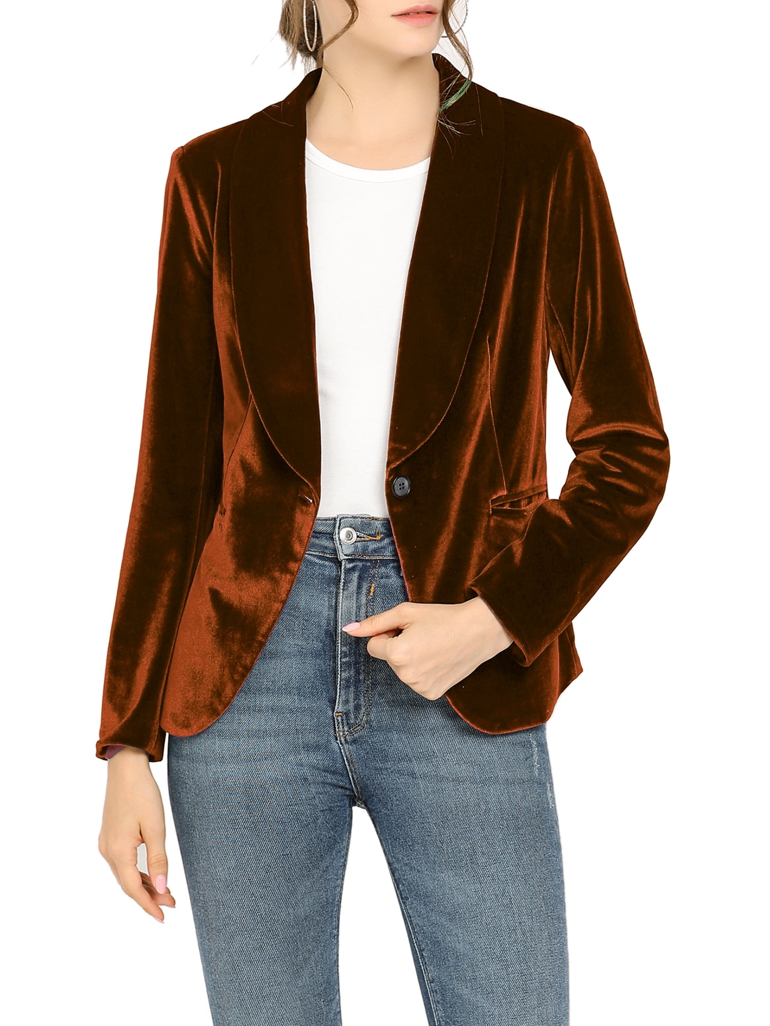 DARING DIVA Women's Velvet Office Coat Solid Shawl Collar Blazer XS Brown