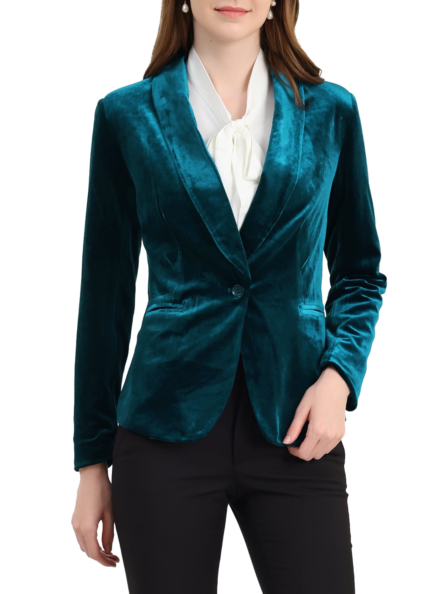 DARING DIVA Women's Velvet Office Coat Solid Shawl Collar Blazer XS Lake Blue
