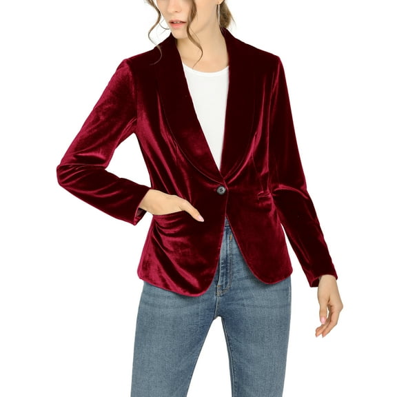 DARING DIVA Women's Velvet Office Coat Solid Shawl Collar Blazer XS Wine Red