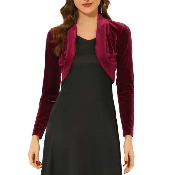 DARING DIVA Women's Velvet Open Front Cropped Bolero Cardigan L Burgundy