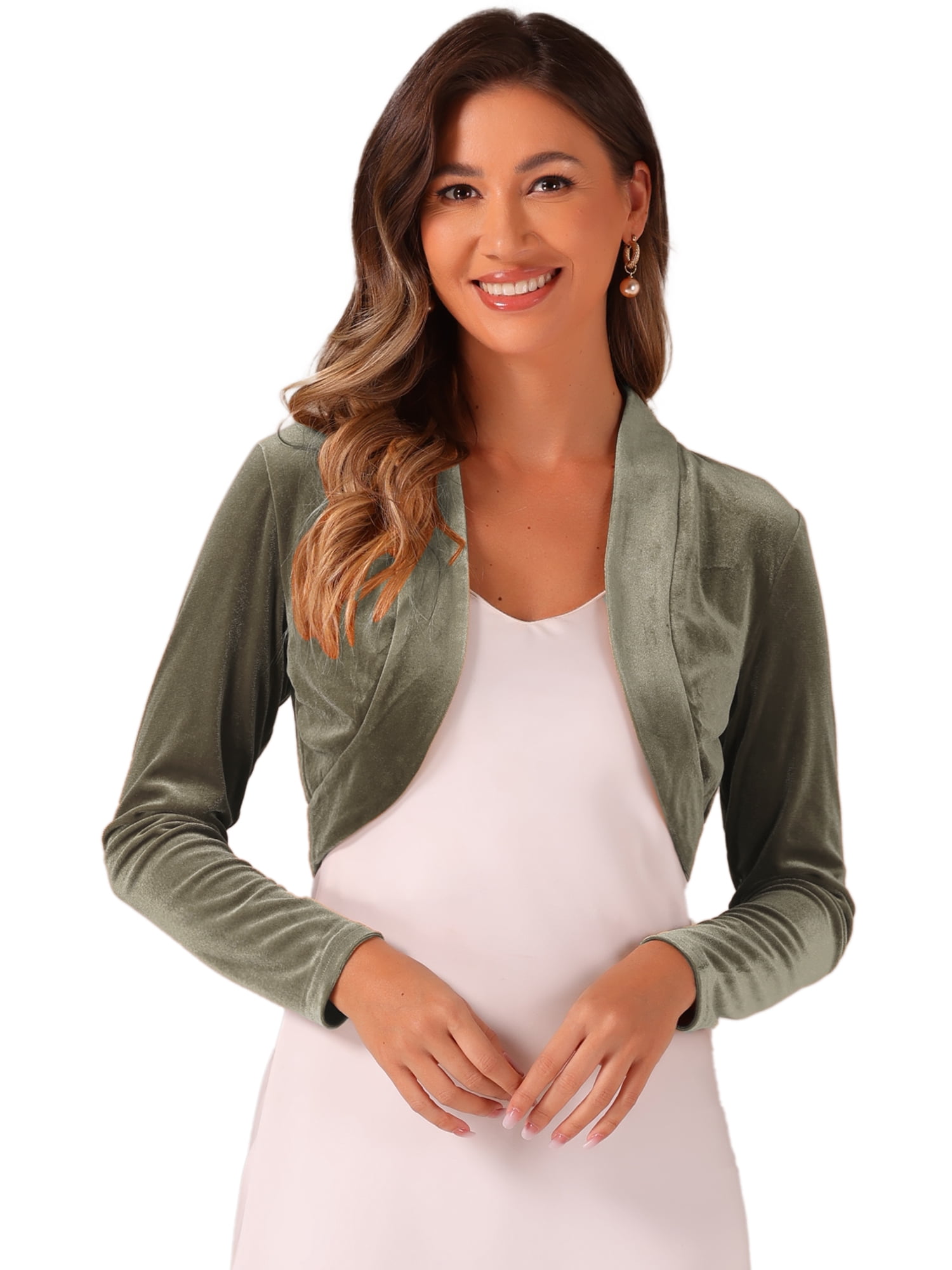 DARING DIVA Women's Velvet Open Front Cropped Bolero Cardigan XL Olive Green