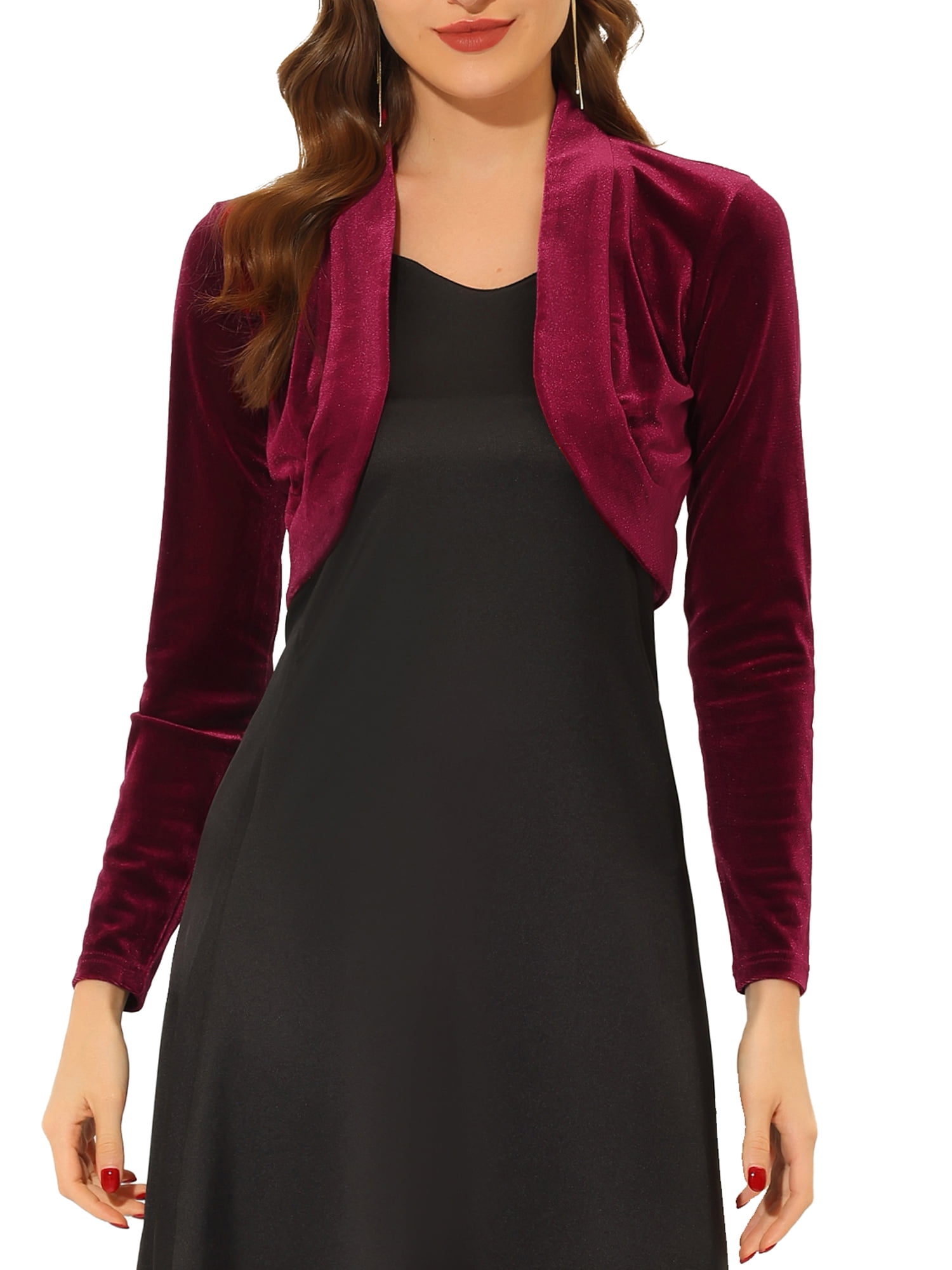 DARING DIVA Women's Velvet Open Front Cropped Bolero Cardigan XS Burgundy