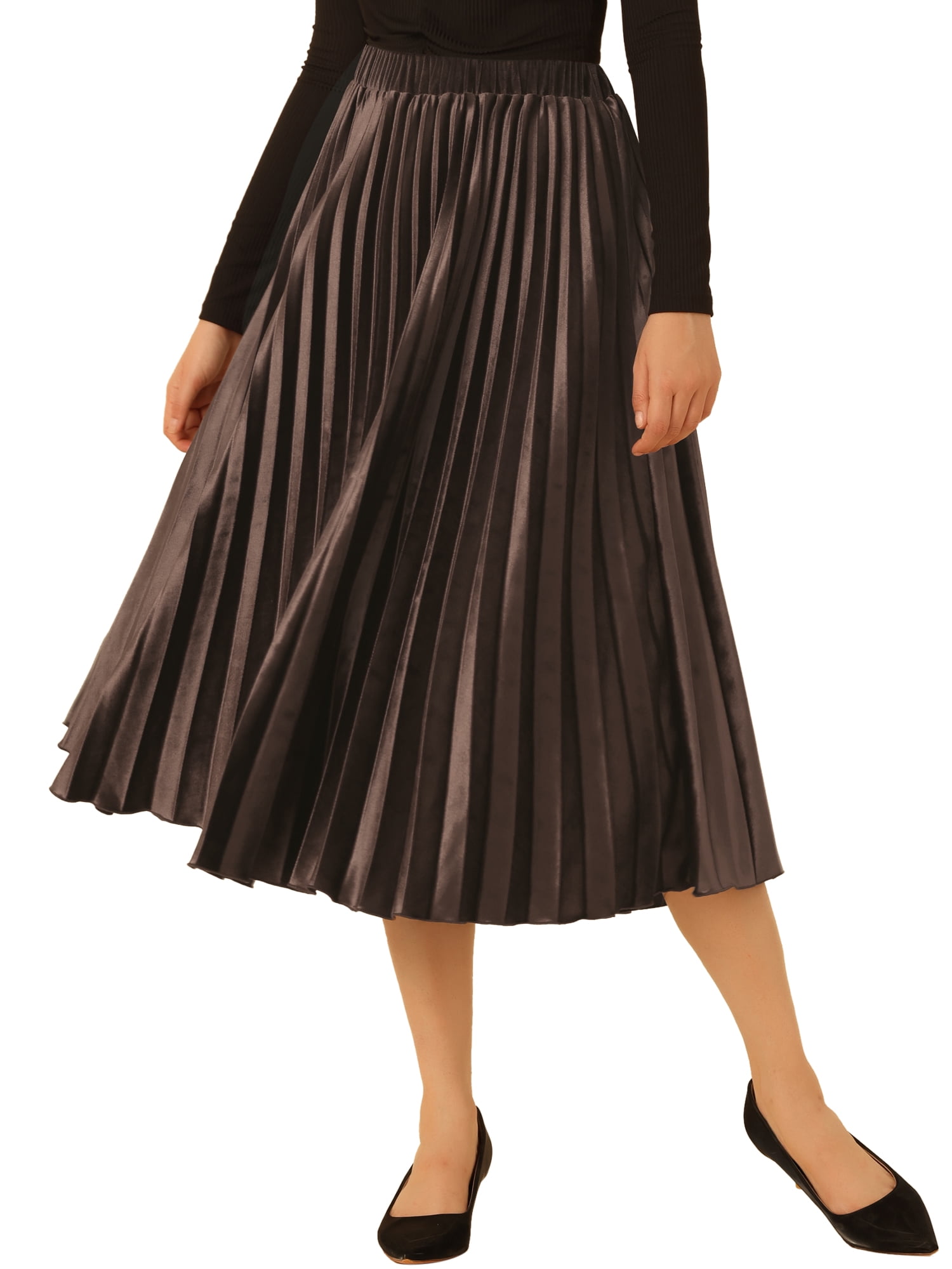 DARING DIVA Women's Velvet Pleated Swing Midi Skirt S Dark Brown