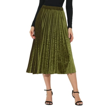 DARING DIVA Women's Velvet Pleated Swing Midi Skirt XS Army Green