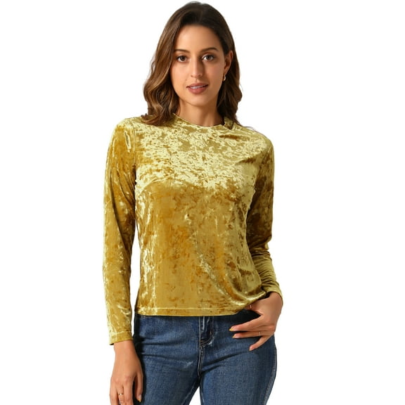 DARING DIVA Women's Velvet Round Neck Long Sleeve Casual Tops S Yellow