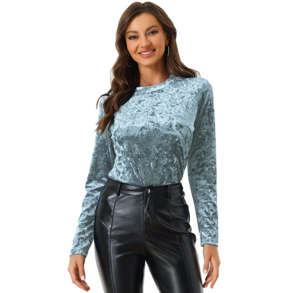 DARING DIVA Women's Velvet Round Neck Long Sleeve Casual Tops XL Light Blue