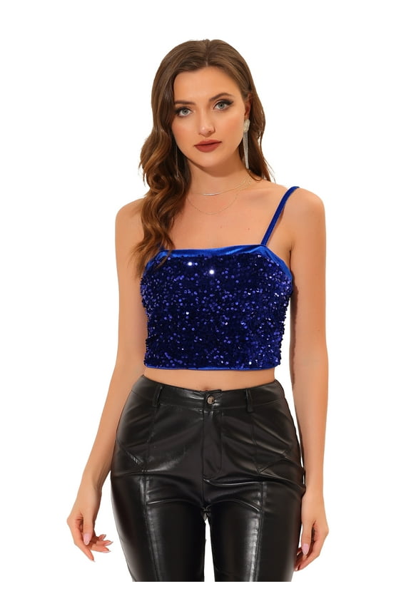 Women's Velvet Spaghetti Strap Glitter Sequin Cami Top L Navy Blue