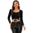 thumbnail image 1 of DARING DIVA Women's Velvet Square Neck Drawstring Puff Crop Top S Black, 1 of 4