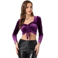 thumbnail image 1 of DARING DIVA Women's Velvet Square Neck Drawstring Puff Crop Top XS Purple, 1 of 6