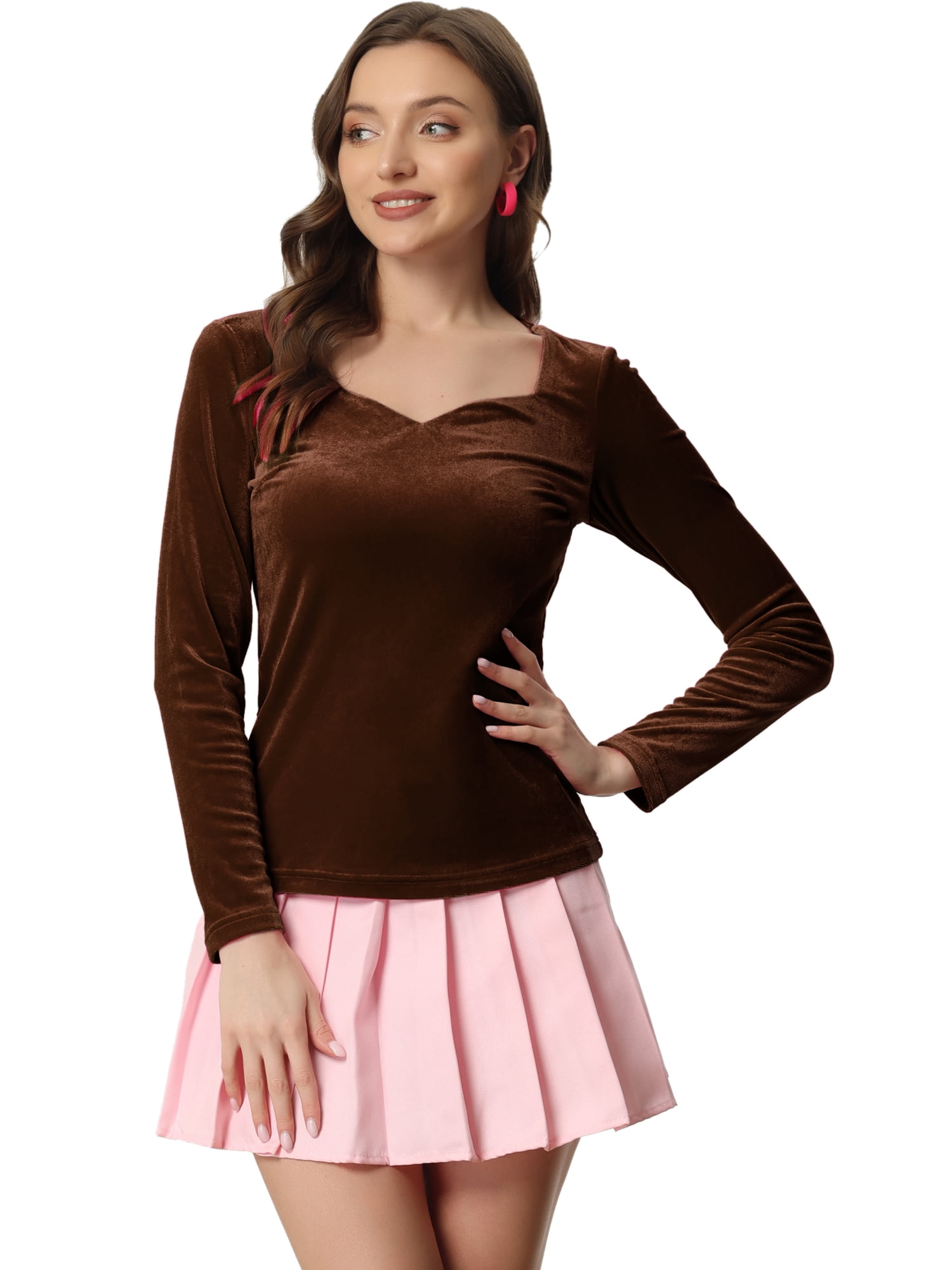DARING DIVA Women's Velvet Sweetheart Neck Long Sleeves Blouses S Brown