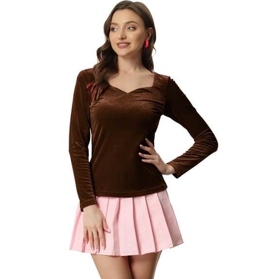 DARING DIVA Women's Velvet Sweetheart Neck Long Sleeves Blouses S Brown