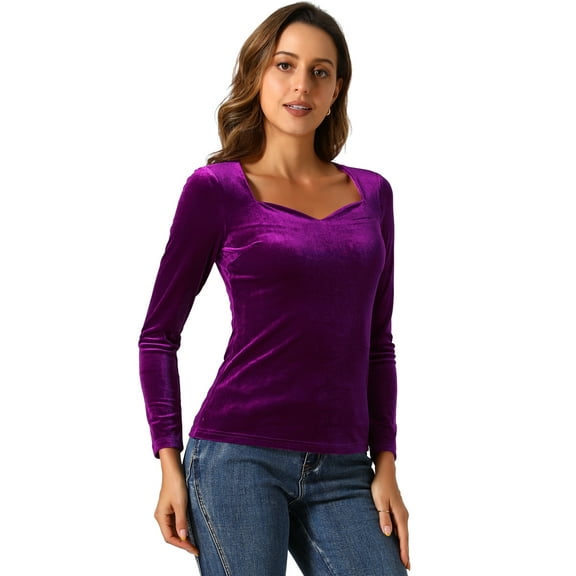 DARING DIVA Women's Velvet Sweetheart Neck Long Sleeves Blouses S Purple Red