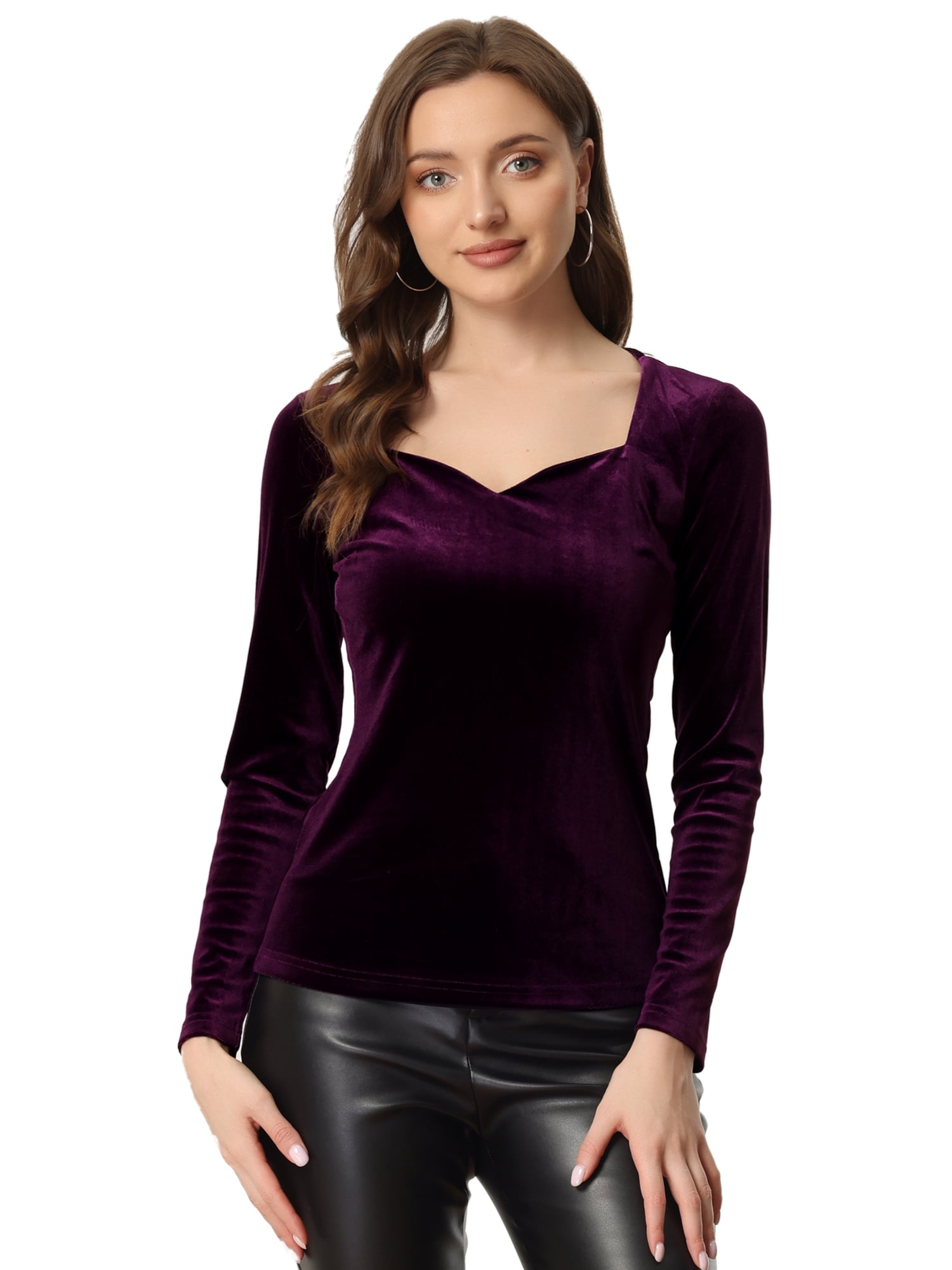 DARING DIVA Women's Velvet Sweetheart Neck Long Sleeves T-Shirt L Purple