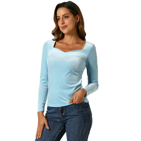 DARING DIVA Women's Velvet Sweetheart Neck Long Sleeves T-Shirt S Light Blue