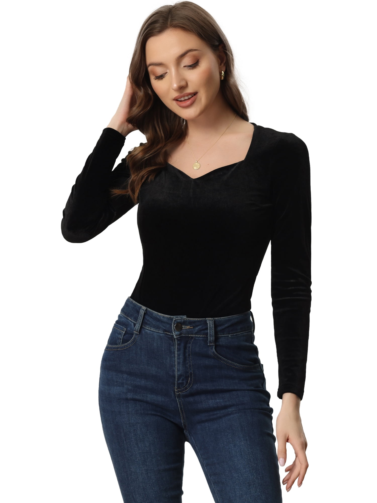DARING DIVA Women's Velvet Sweetheart Neck Long Sleeves T-Shirt XS Black