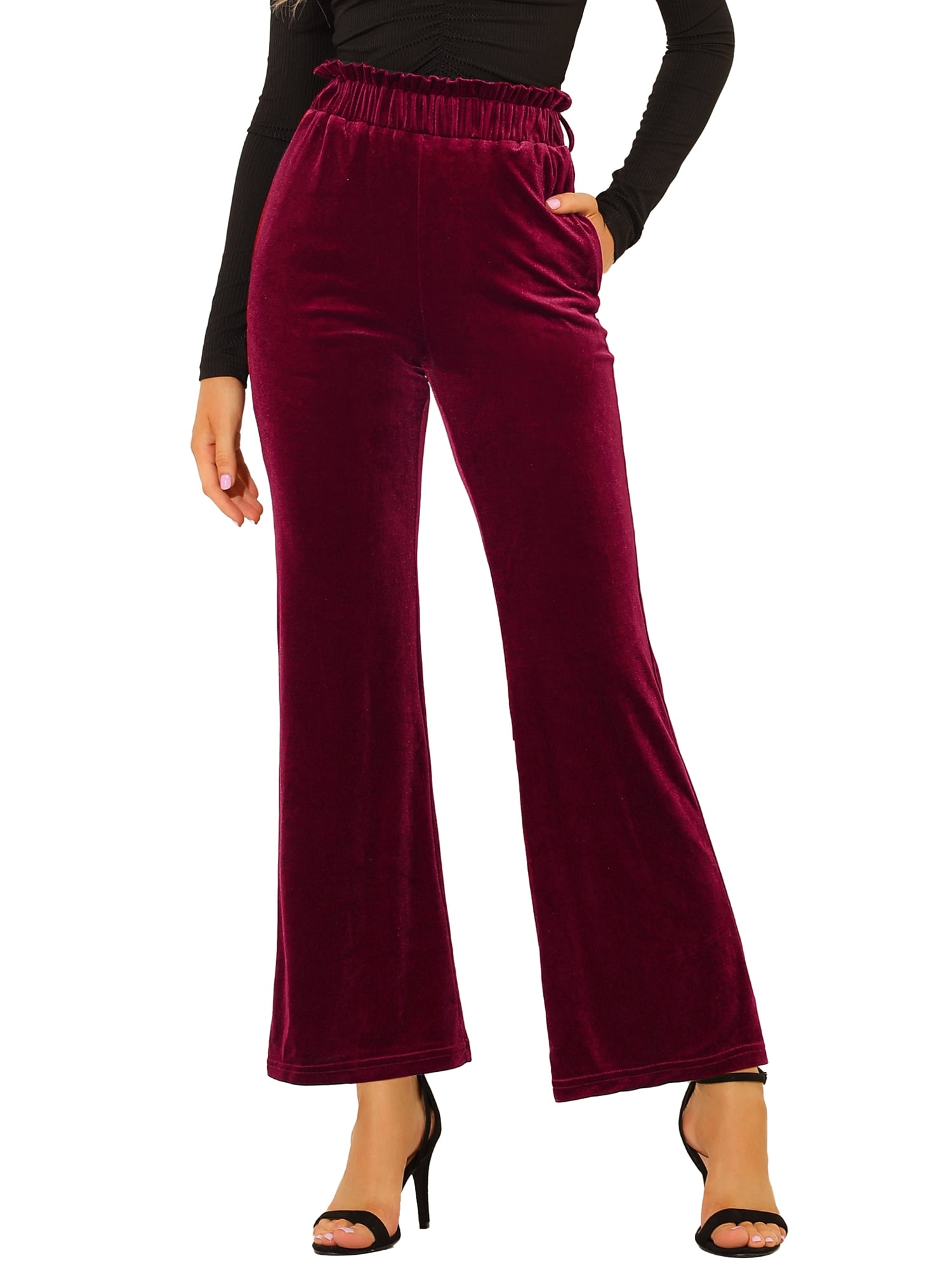 DARING DIVA Women's Velvet Tie Waist Wide Leg Stretchy Pants Trousers M Burgundy