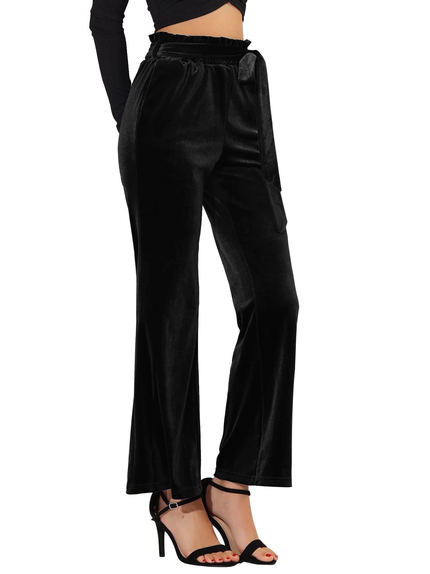 DARING DIVA Women's Velvet Tie Waist Wide Leg Stretchy Pants Trousers XS Black