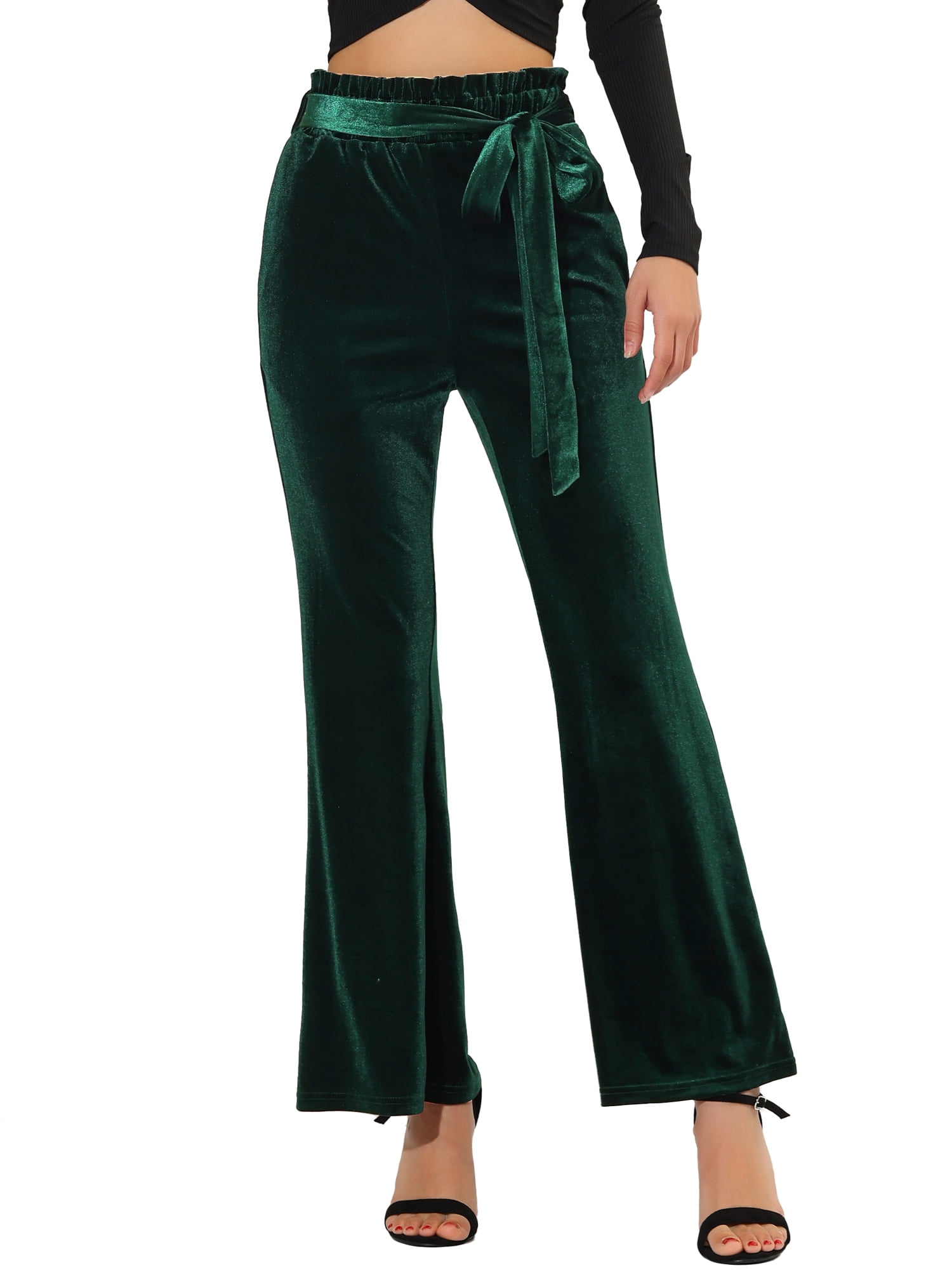 DARING DIVA Women's Velvet Tie Waist Wide Leg Stretchy Pants Trousers XS Dark Green