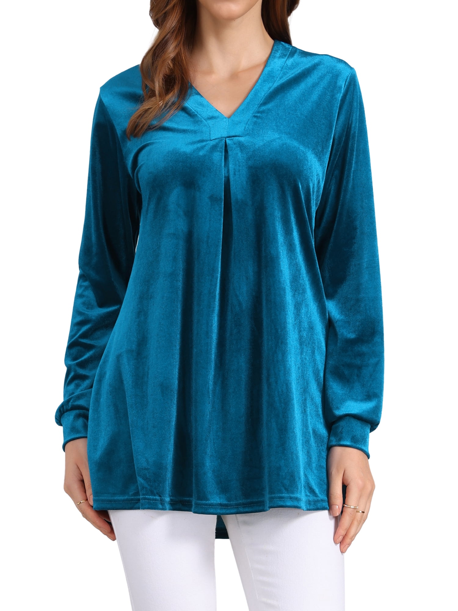 DARING DIVA Women's Velvet Top V Neck Long Sleeves Loose Blouse L Lake Blue
