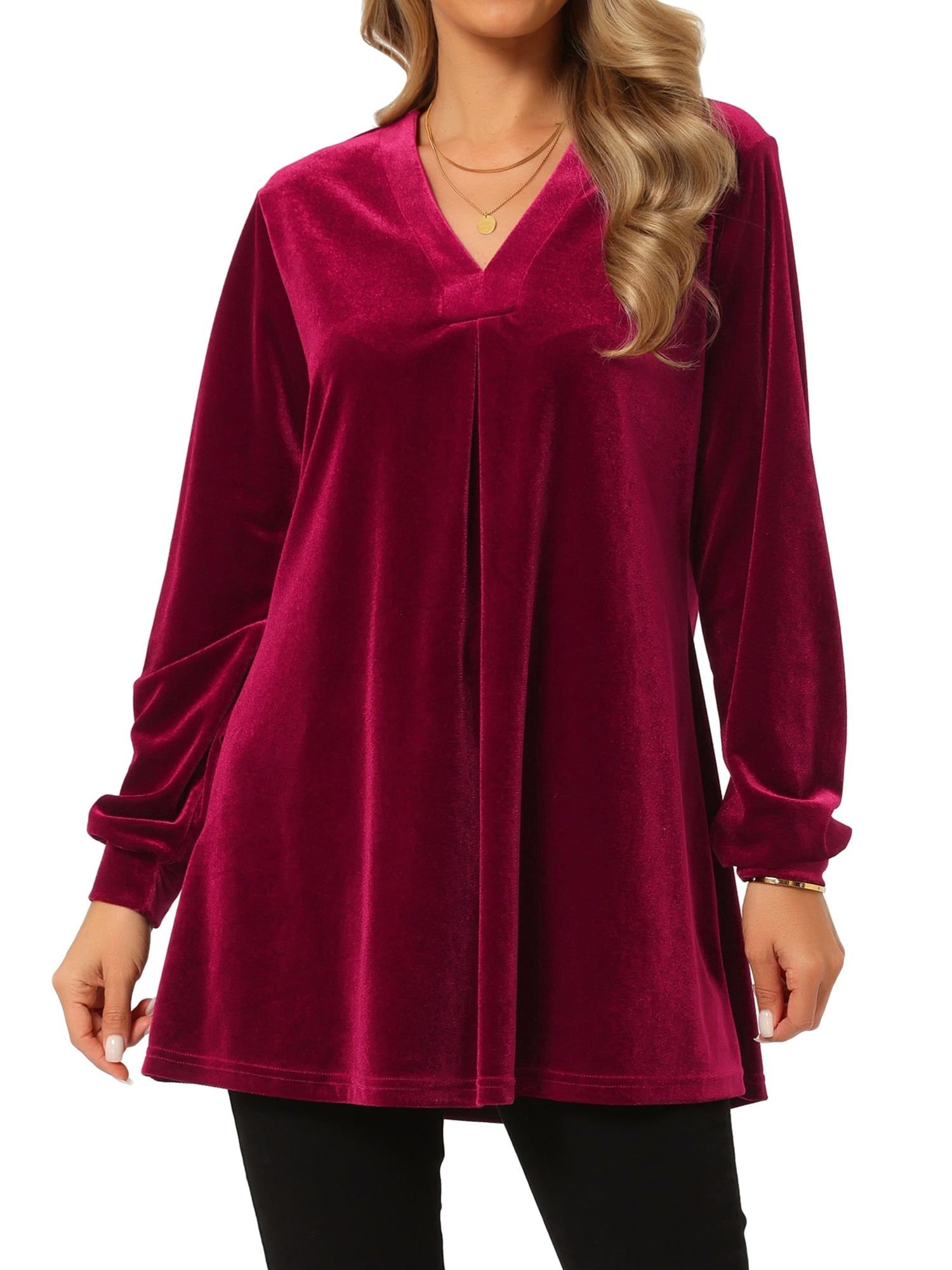 DARING DIVA Women's Velvet Top V Neck Long Sleeves Loose Blouse L Red