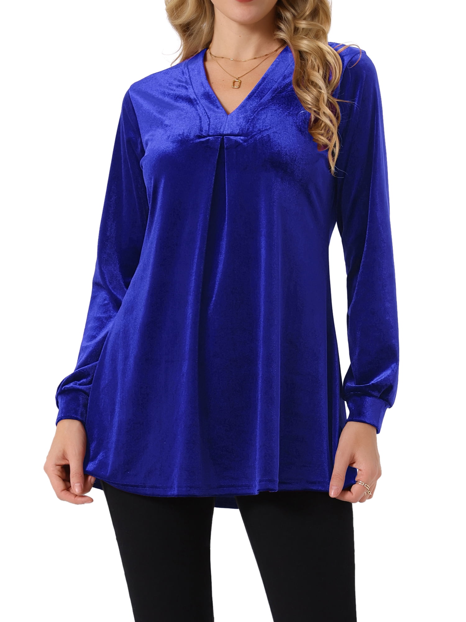 DARING DIVA Women's Velvet Top V Neck Long Sleeves Loose Blouse L Royal Blue
