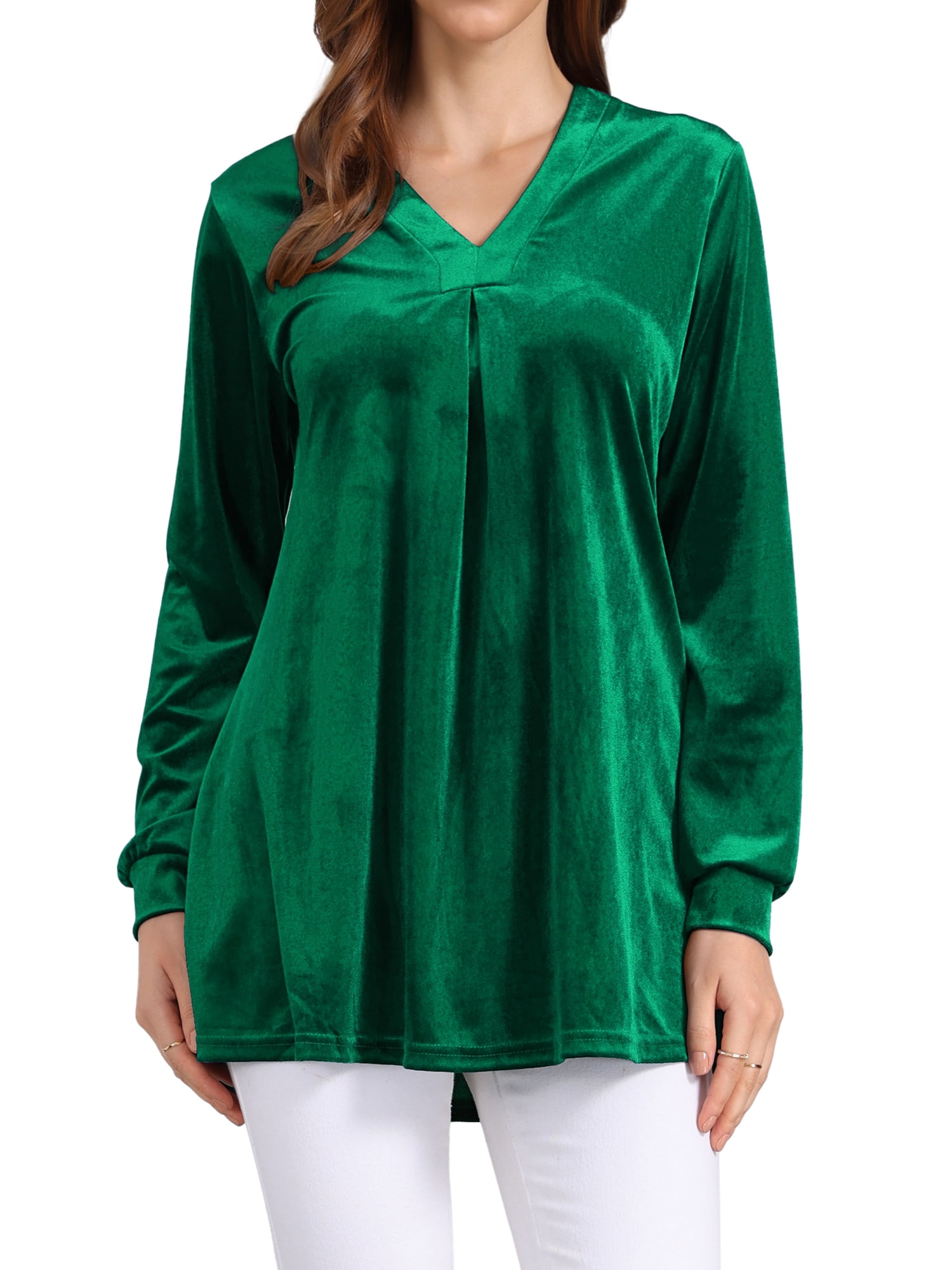 DARING DIVA Women's Velvet Top V Neck Long Sleeves Loose Blouse M Dark Green