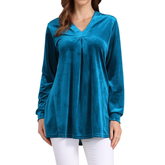 DARING DIVA Women's Velvet Top V Neck Long Sleeves Loose Blouse M Lake Blue