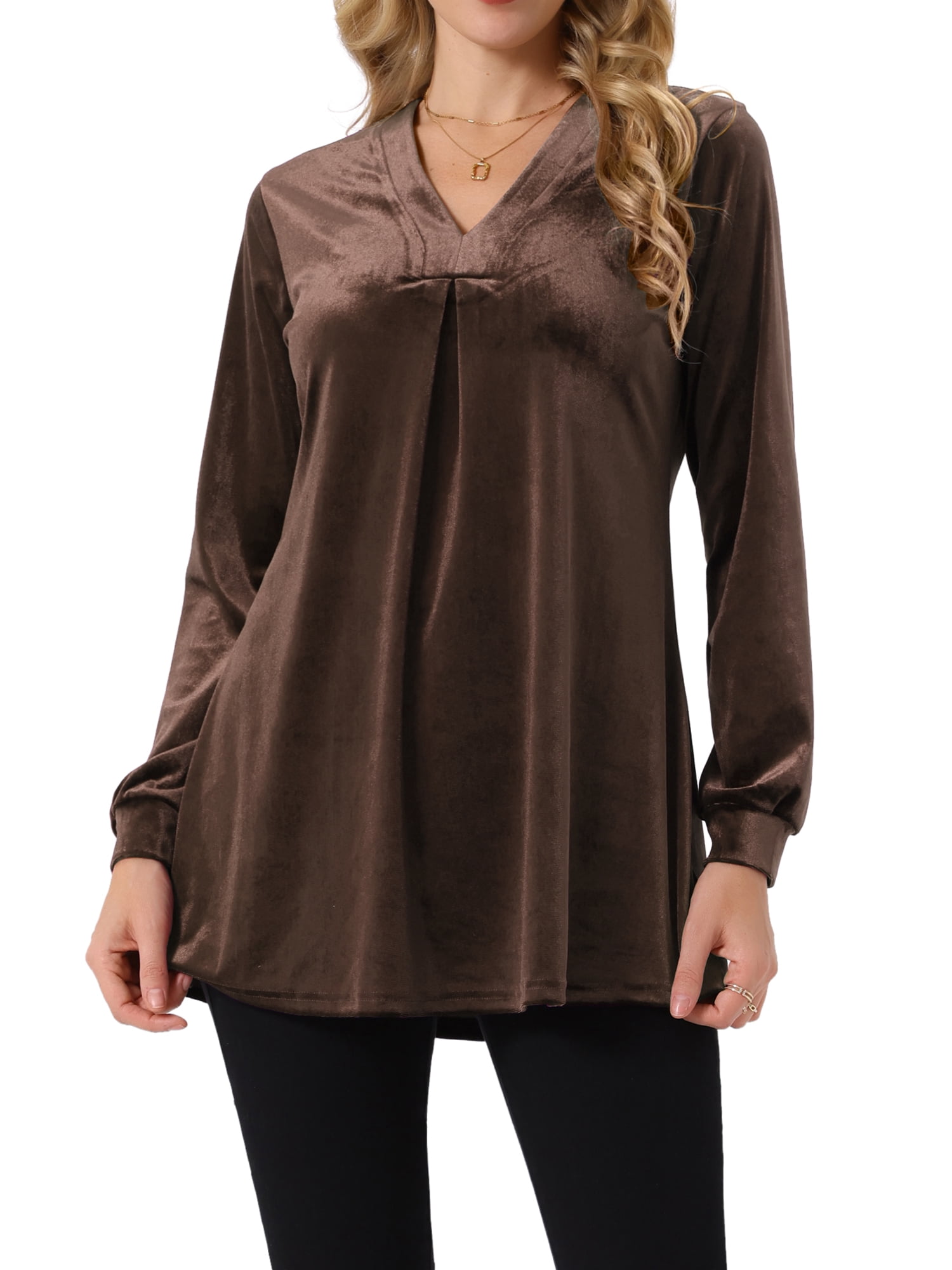 DARING DIVA Women's Velvet Top V Neck Long Sleeves Loose Blouse S Coffee