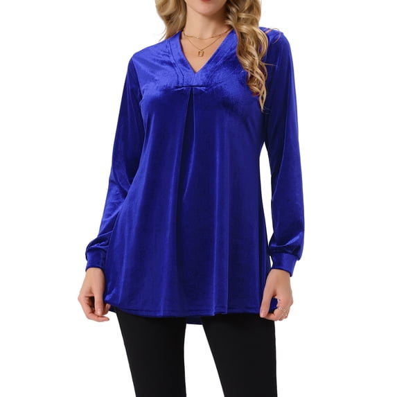 DARING DIVA Women's Velvet Top V Neck Long Sleeves Loose Blouse S Royal Blue